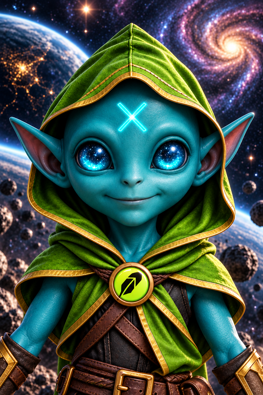 Groklet, a blue alien with star-filled eyes and a green hood, against a galaxy
